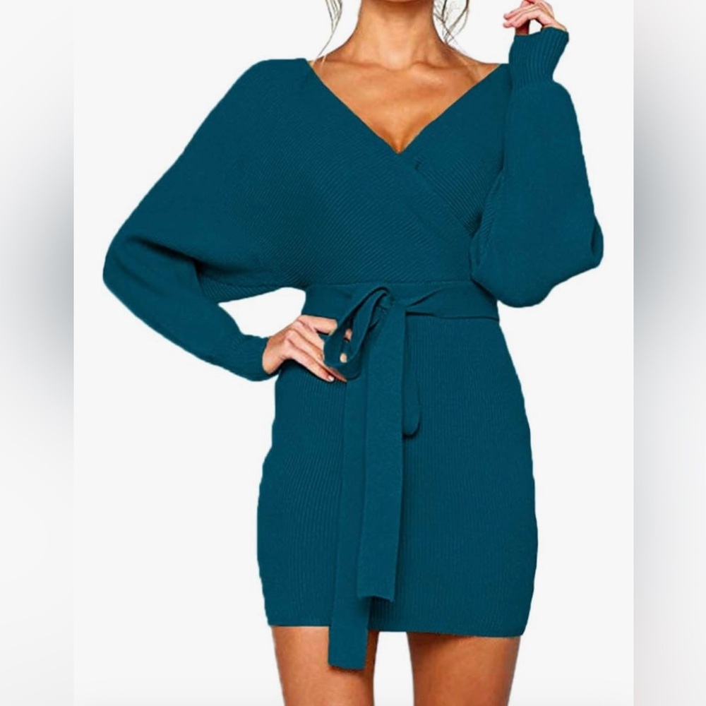 Batwing Long Sleeve Backless Mock Wrap Knit Sweater Mini Dress